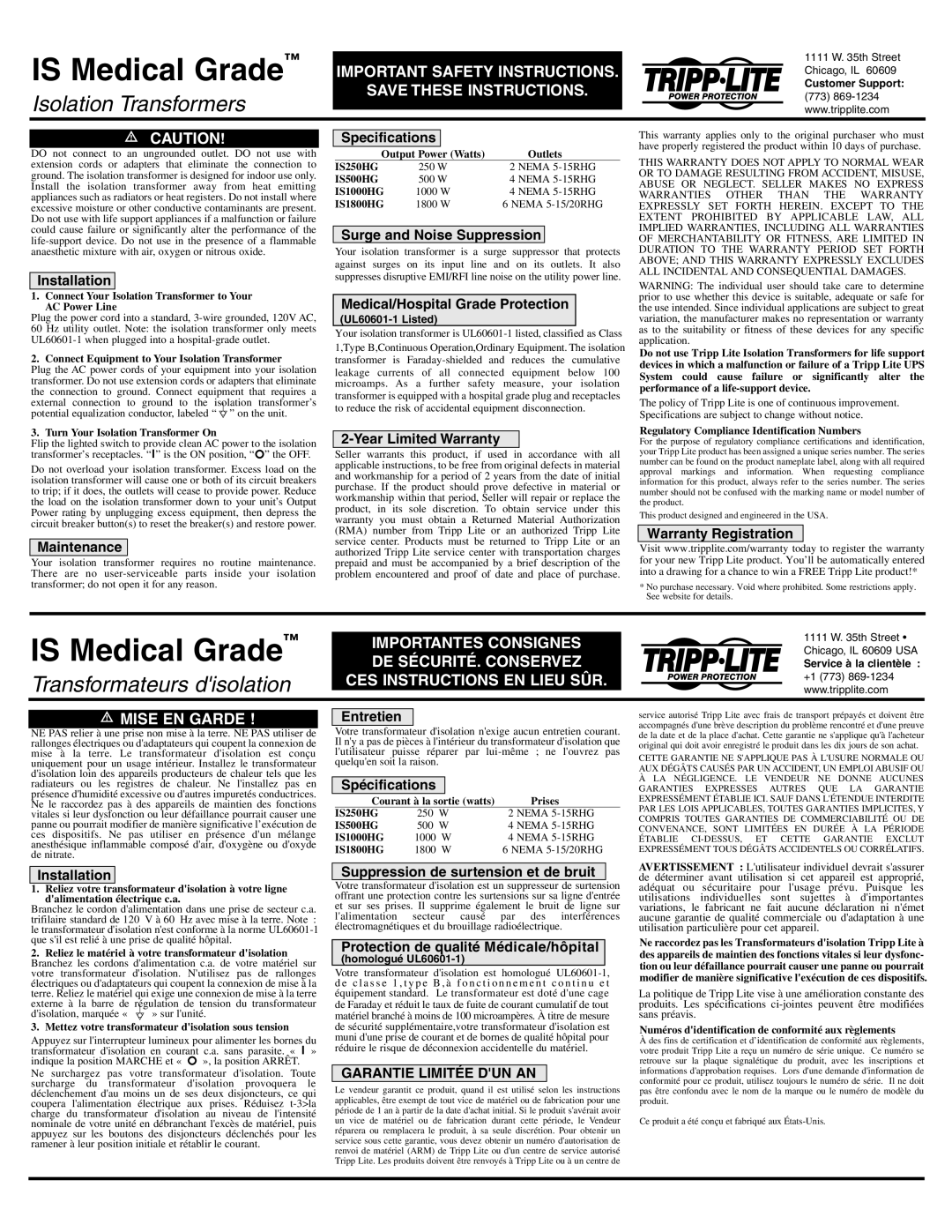 Tripp Lite Isolation Transformer important safety instructions Installation, Maintenance, Specifications, Entretien 