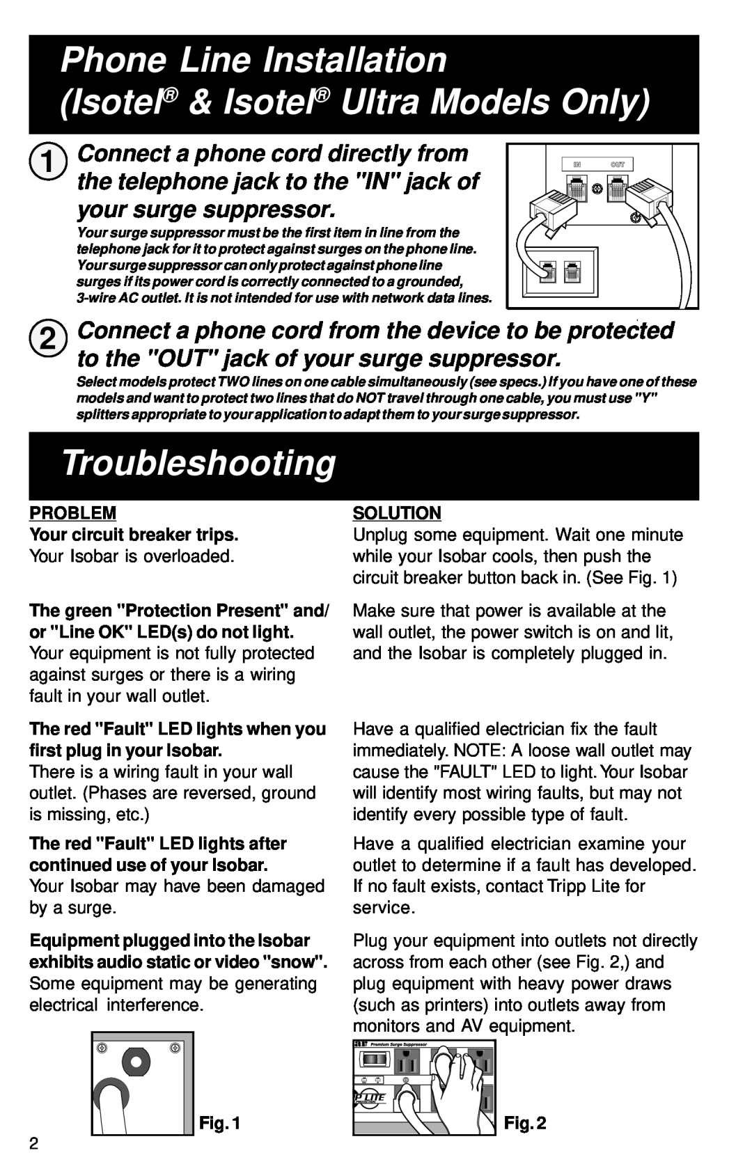 Tripp Lite Isobar Ultra Phone Line Installation Isotel & Isotel Ultra Models Only, Troubleshooting, your surge suppressor 