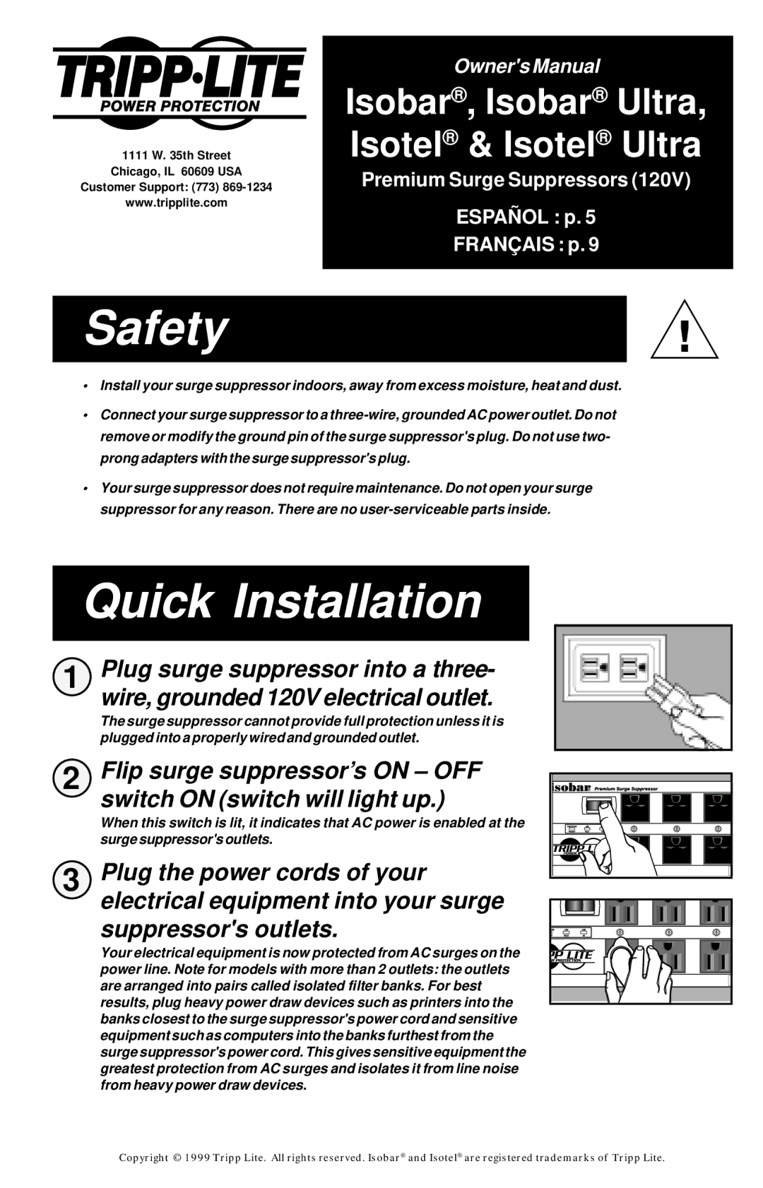 Tripp Lite Isotel Ultra, Isobar Ultra owner manual Safety, Quick Installation 