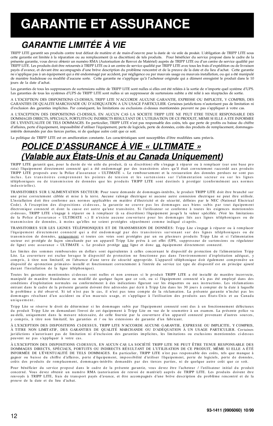 Tripp Lite Isotel Ultra, Isobar Ultra owner manual Garantie ET Assurance, Garantie Limitée À VIE 