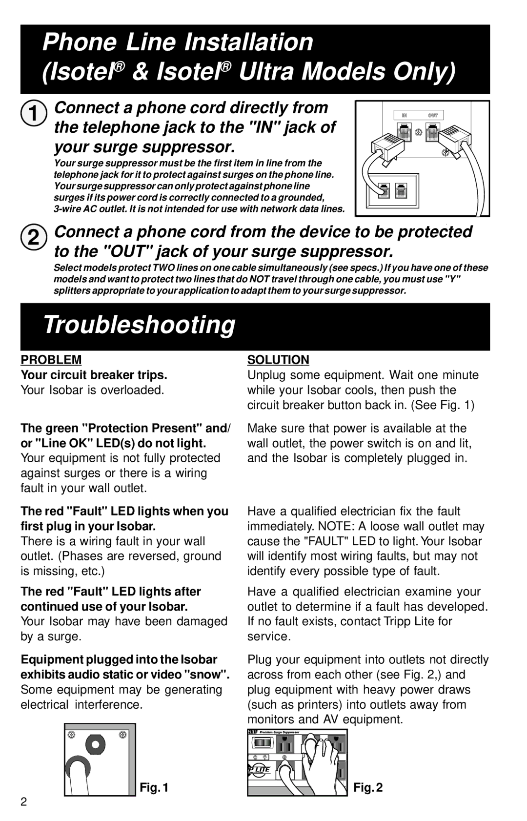 Tripp Lite Isobar Ultra owner manual Phone Line Installation Isotel & Isotel Ultra Models Only, Troubleshooting 