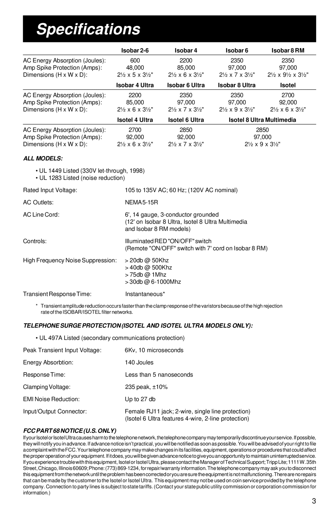 Tripp Lite Isotel Ultra, Isobar Ultra owner manual Specifications, ALL Models, FCC Part 68 Notice U.S. only 