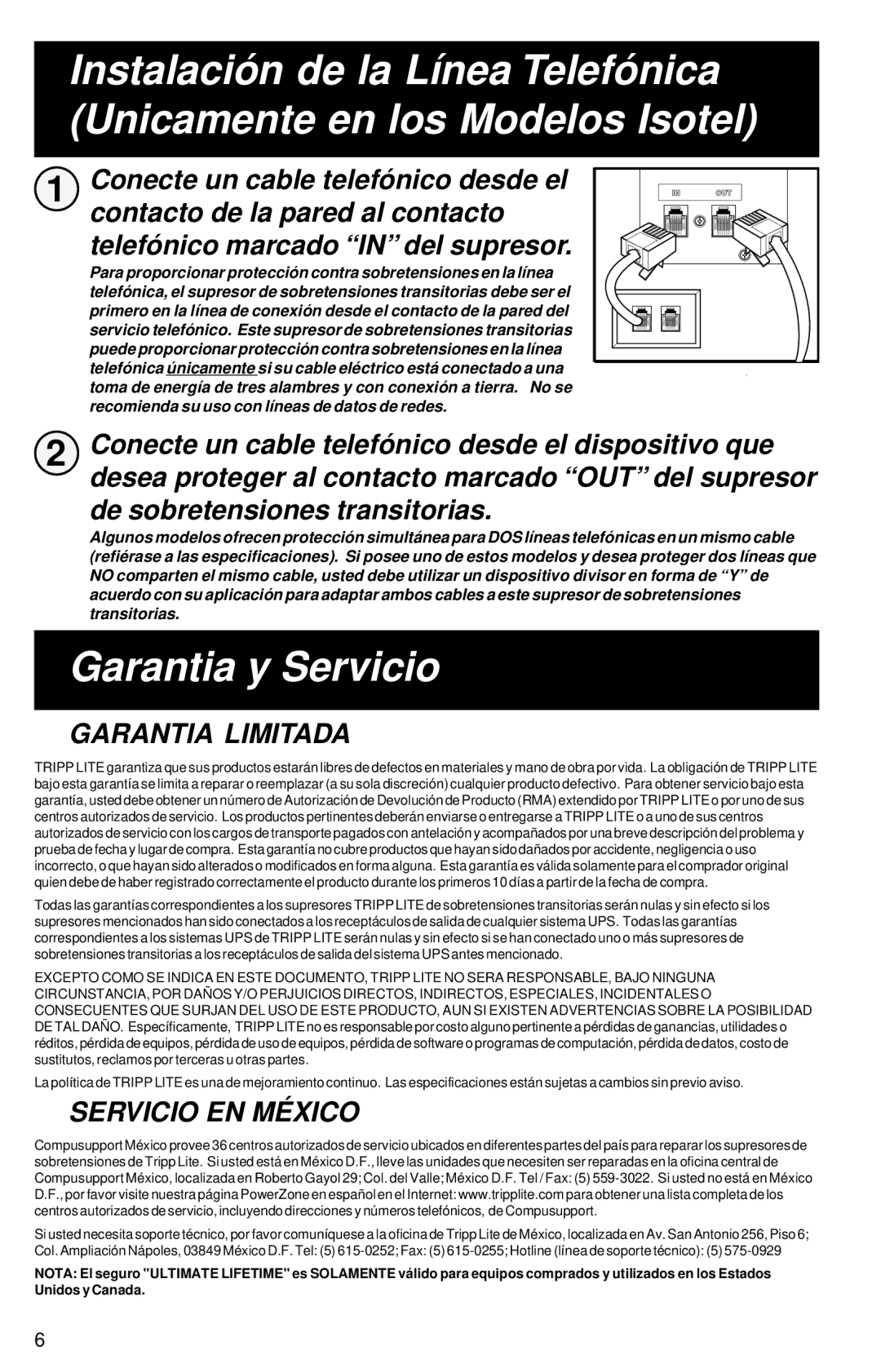 Tripp Lite Isobar Ultra, Isotel Ultra owner manual Garantia y Servicio, Garantia Limitada, Servicio EN México 