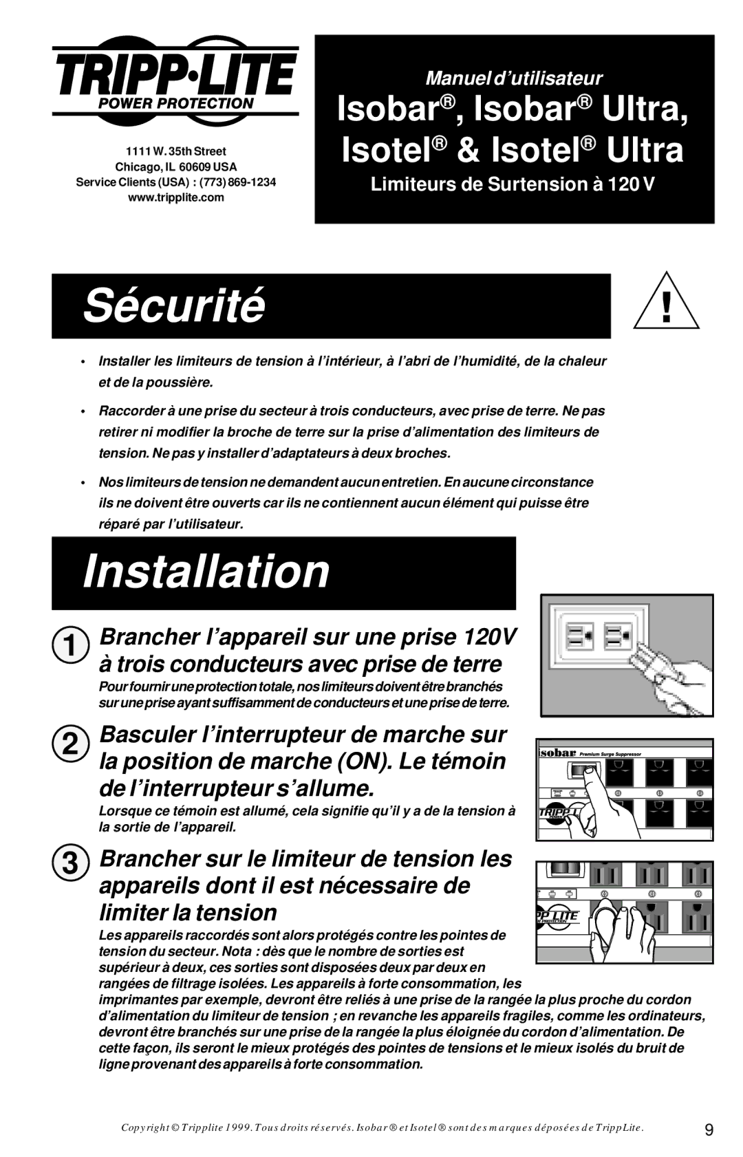 Tripp Lite Isotel Ultra, Isobar Ultra owner manual Sécurité, Installation 