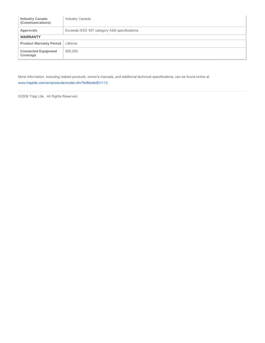 Tripp Lite ISOTEL8ULTRA specifications Warranty, Lifetime, Connected Equipment $50,000 Coverage 