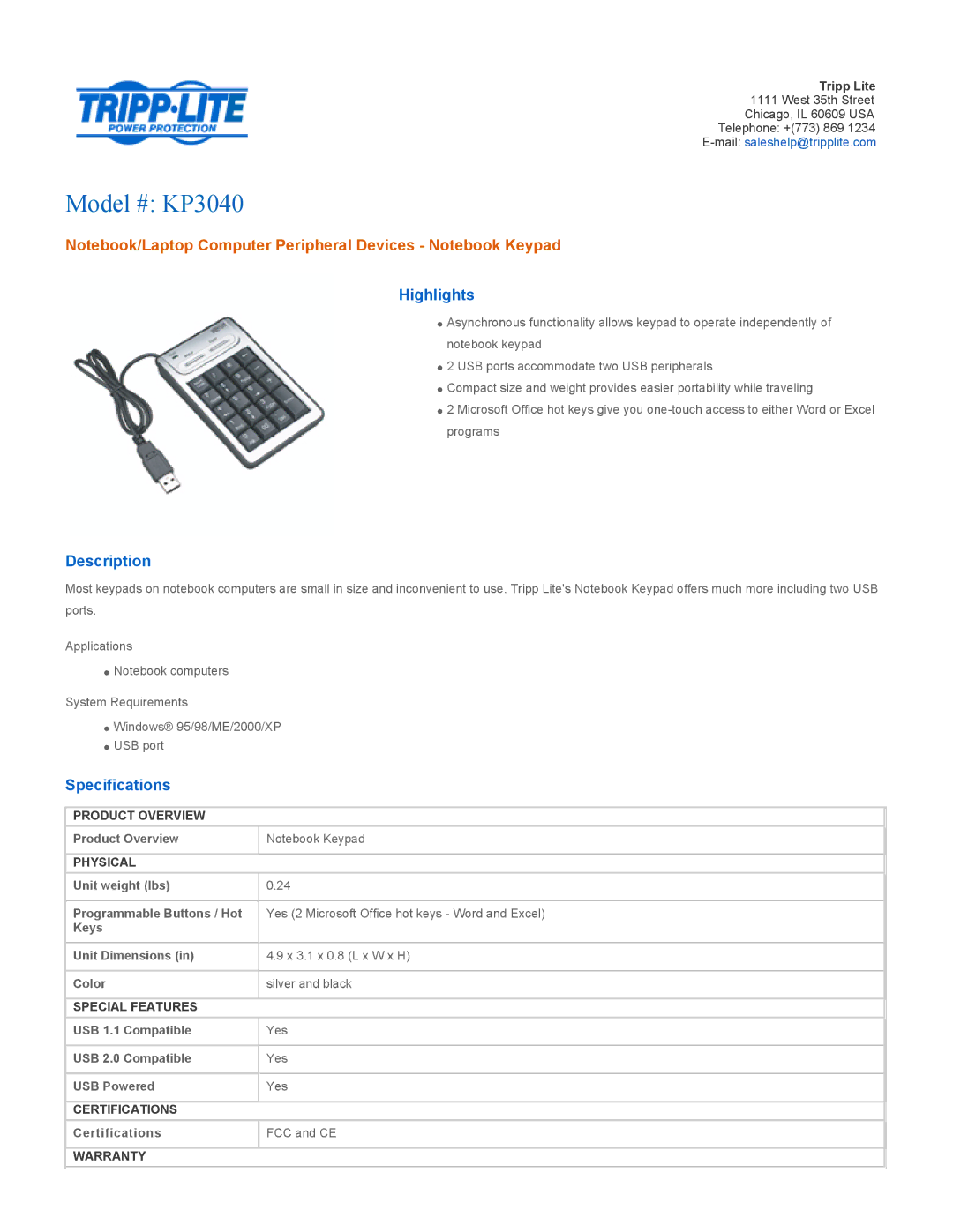 Tripp Lite specifications Model # KP3040, Highlights, Description, Specifications 