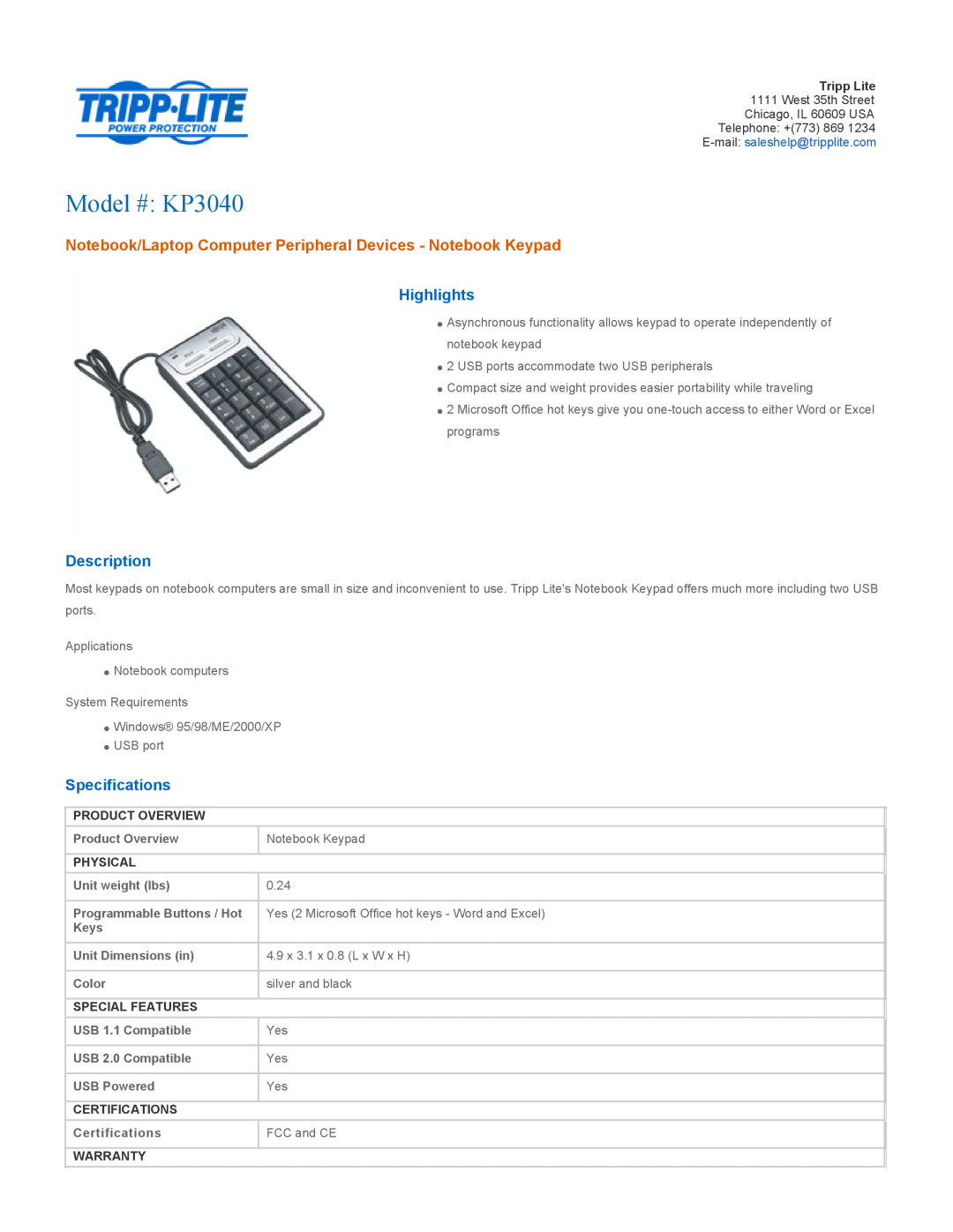 Tripp Lite specifications Model # KP3040, Notebook/Laptop Computer Peripheral Devices - Notebook Keypad, Highlights 