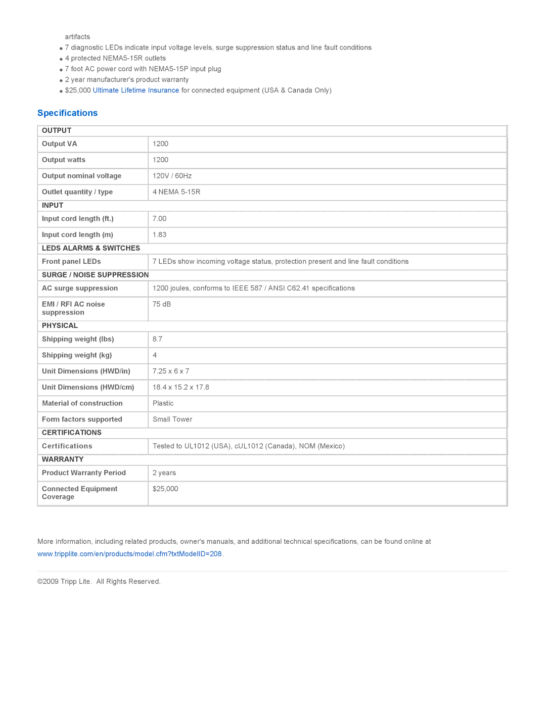 Tripp Lite LC1200 warranty Specifications 