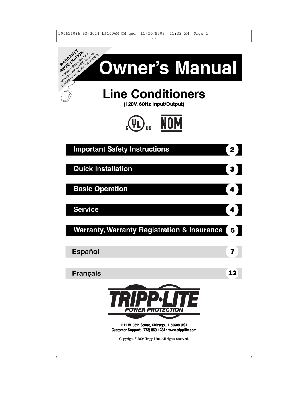 Tripp Lite 93-2024 owner manual Important Safety Instructions, Quick Installation, Basic Operation, Service, Ul Us, Lite 