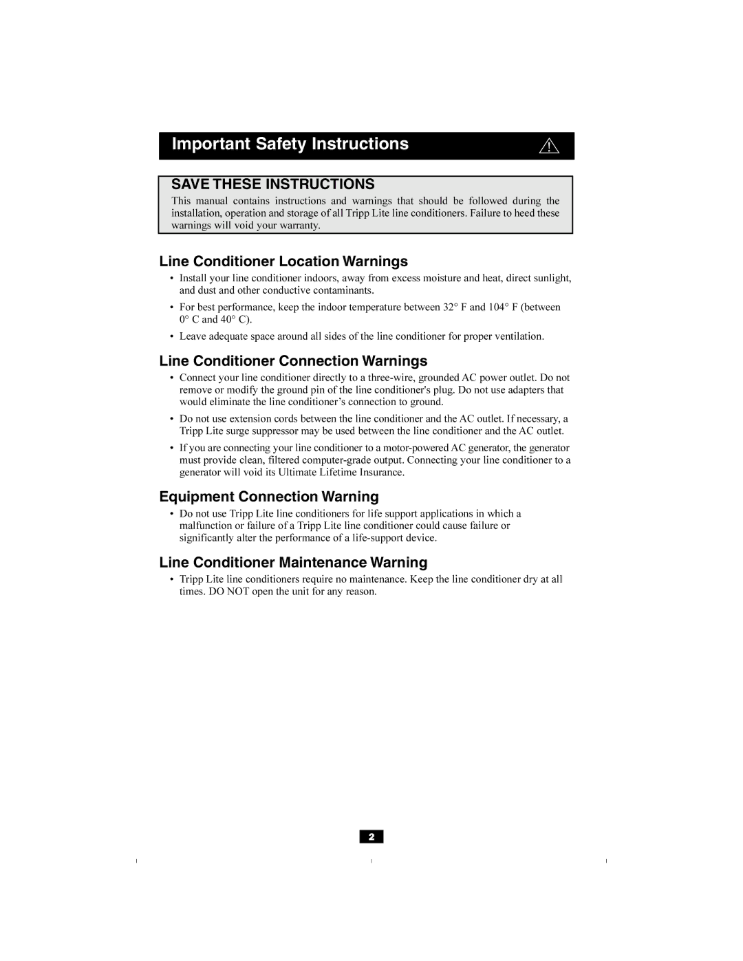 Tripp Lite LS1006M Important Safety Instructions, Line Conditioner Location Warnings, Line Conditioner Connection Warnings 