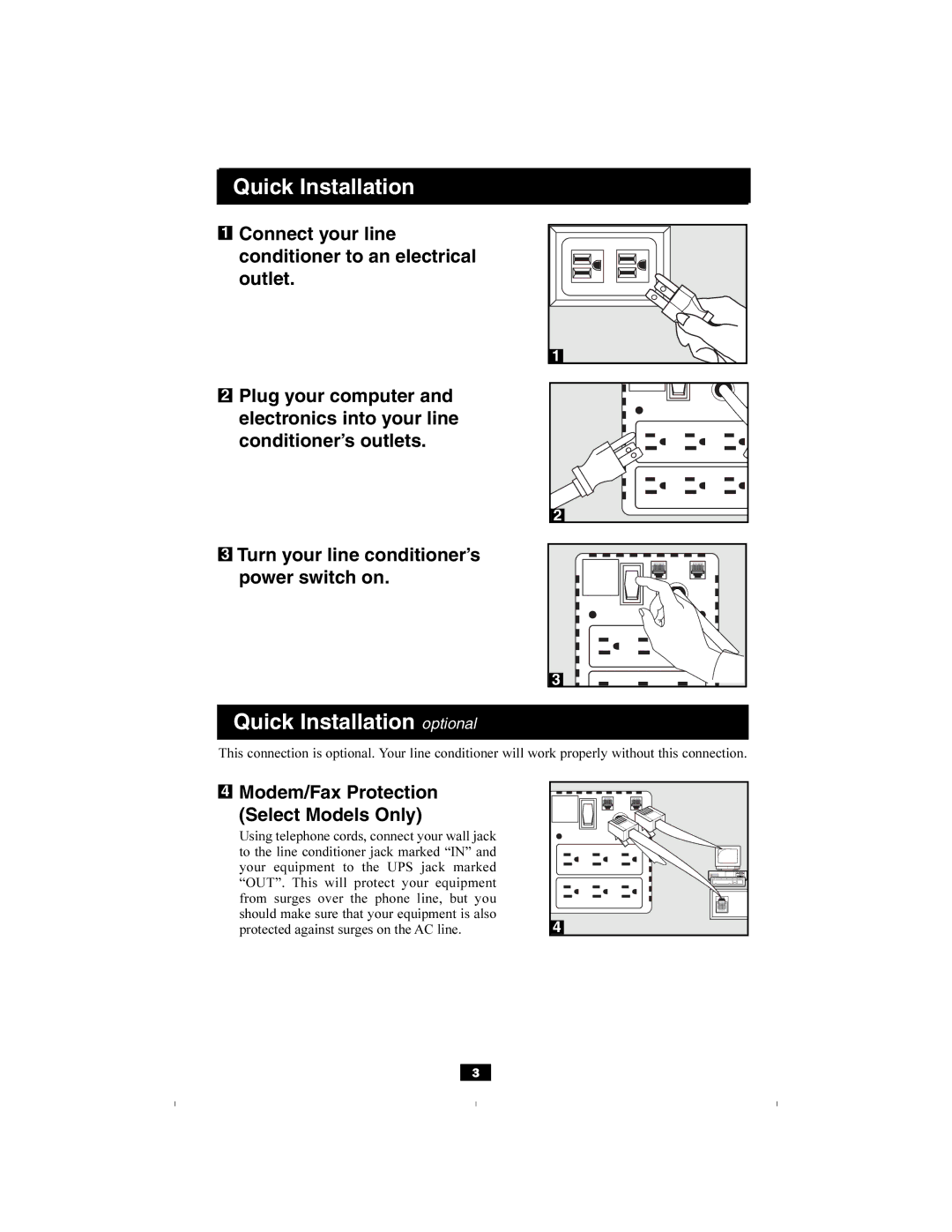 Tripp Lite 93-2024, LS1006M owner manual Quick Installation optional, Modem/Fax Protection Select Models Only 