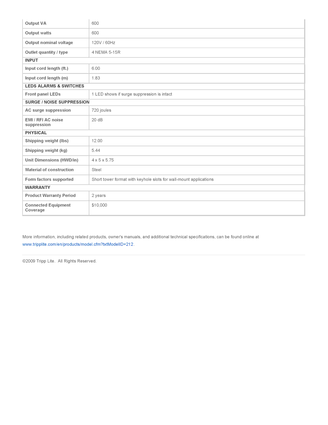 Tripp Lite LS604WM specifications Input, Leds Alarms & Switches, Surge / Noise Suppression, Physical, Warranty 
