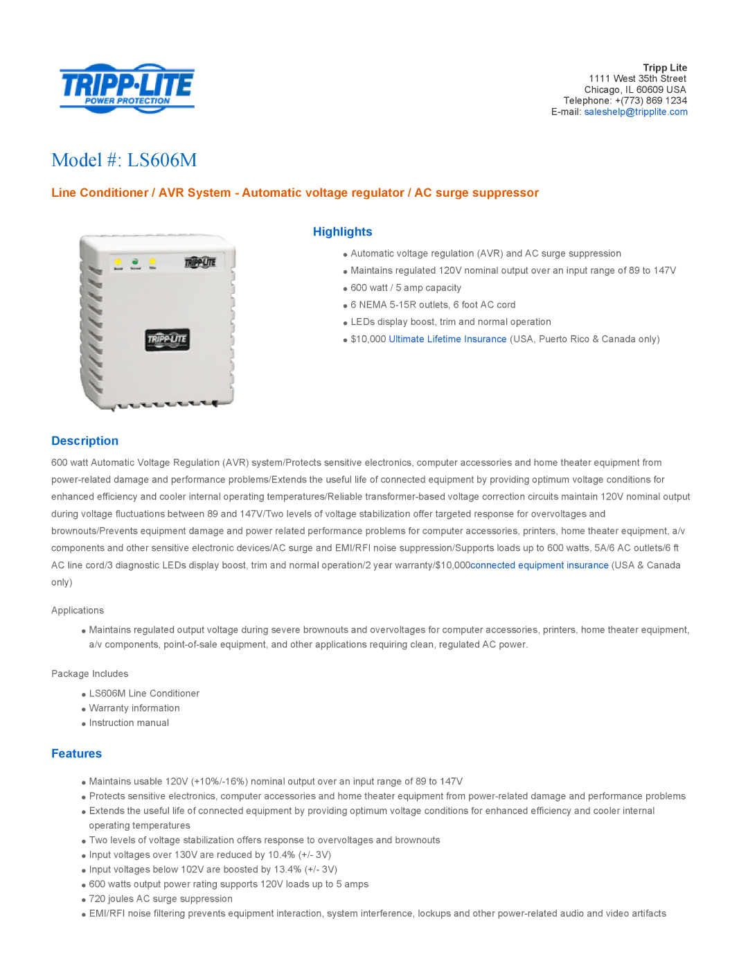 Tripp Lite LS606M warranty Highlights, Description, Features 