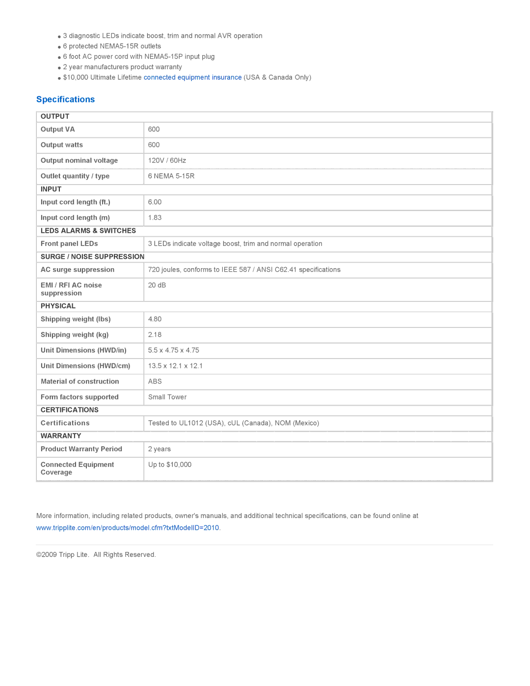 Tripp Lite LS606M warranty Specifications 