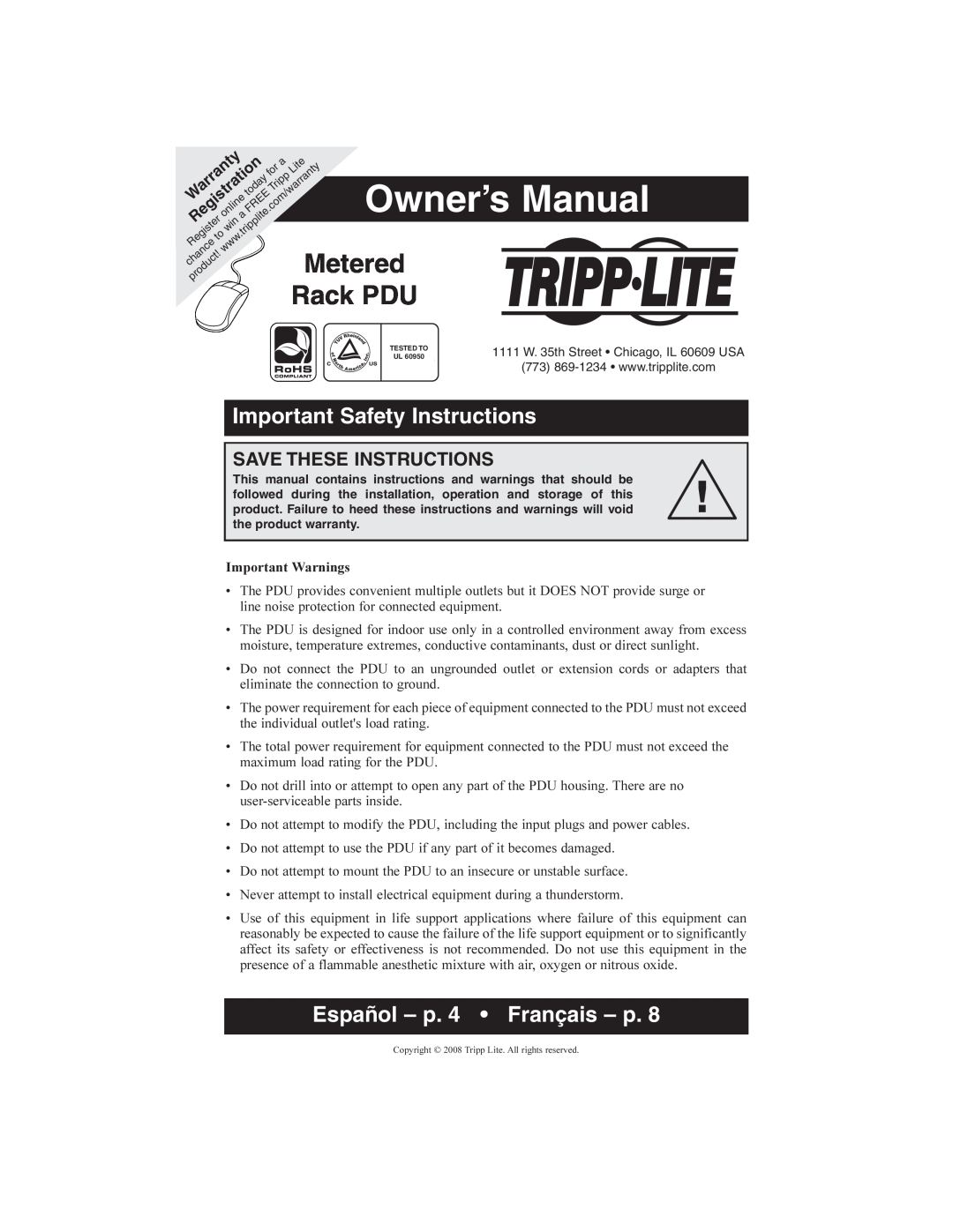 Tripp Lite Metered Rack PDU owner manual Important Safety Instructions, Español - p. 4 Français - p, Owner’s Manual 
