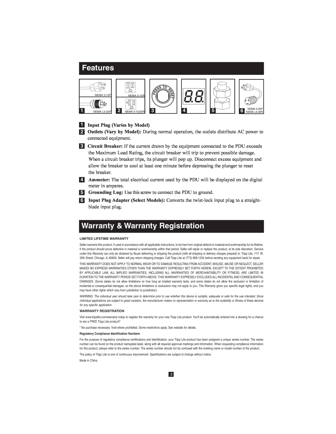 Tripp Lite Metered Rack PDU owner manual Features, Warranty & Warranty Registration 