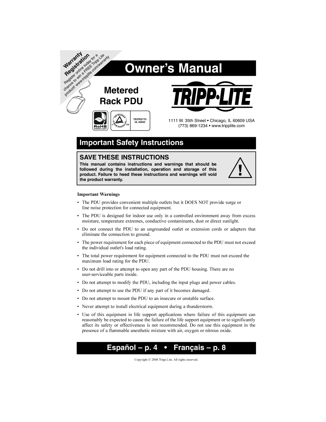 Tripp Lite Metered Rack PDU owner manual Important Safety Instructions, Español p Français p 