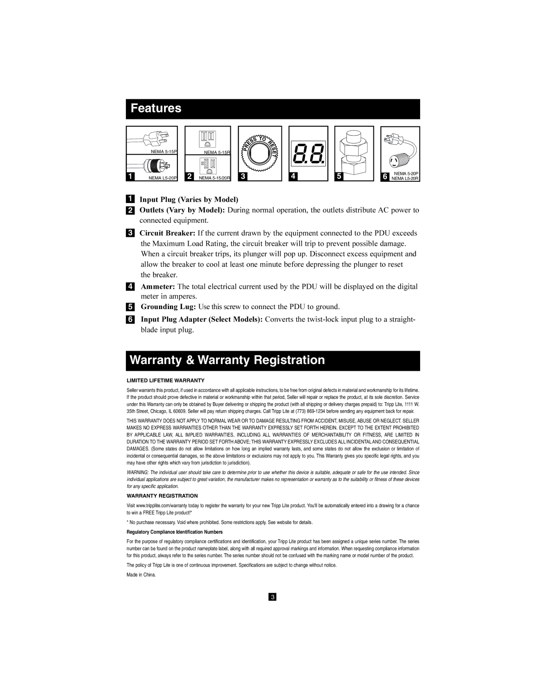 Tripp Lite Metered Rack PDU owner manual Features, Warranty & Warranty Registration 