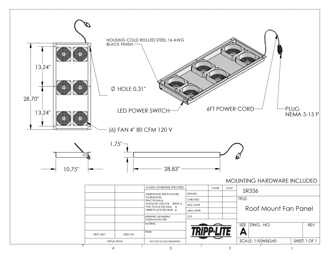 Tripp Lite MKH 70 P 48 dimensions LED Power Switch 6FT Power Cord Plug, Mounting Hardware Included 