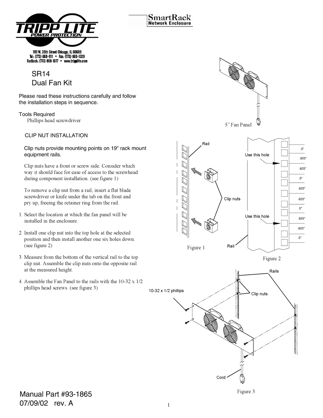 Tripp Lite MKH 800 P 48 manual SR14 Dual Fan Kit, Manual 07/09/02 rev. a, Clip NUT Installation 