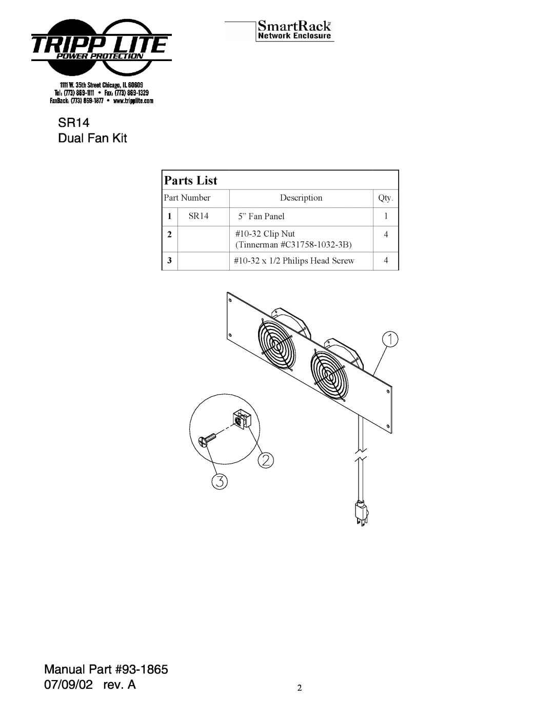 Tripp Lite MKH 800 P 48 manual SR14 Dual Fan Kit, Parts List, Manual, 07/09/02 rev. A 