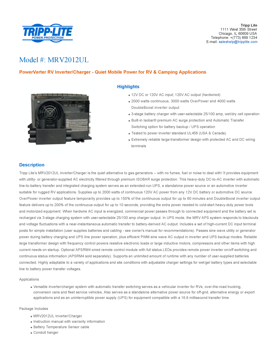 Tripp Lite owner manual Highlights, Description, Model # MRV2012UL 