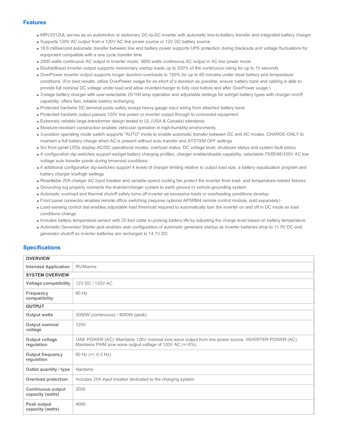 Tripp Lite MRV2012UL owner manual Features, Specifications, System Overview, Output 