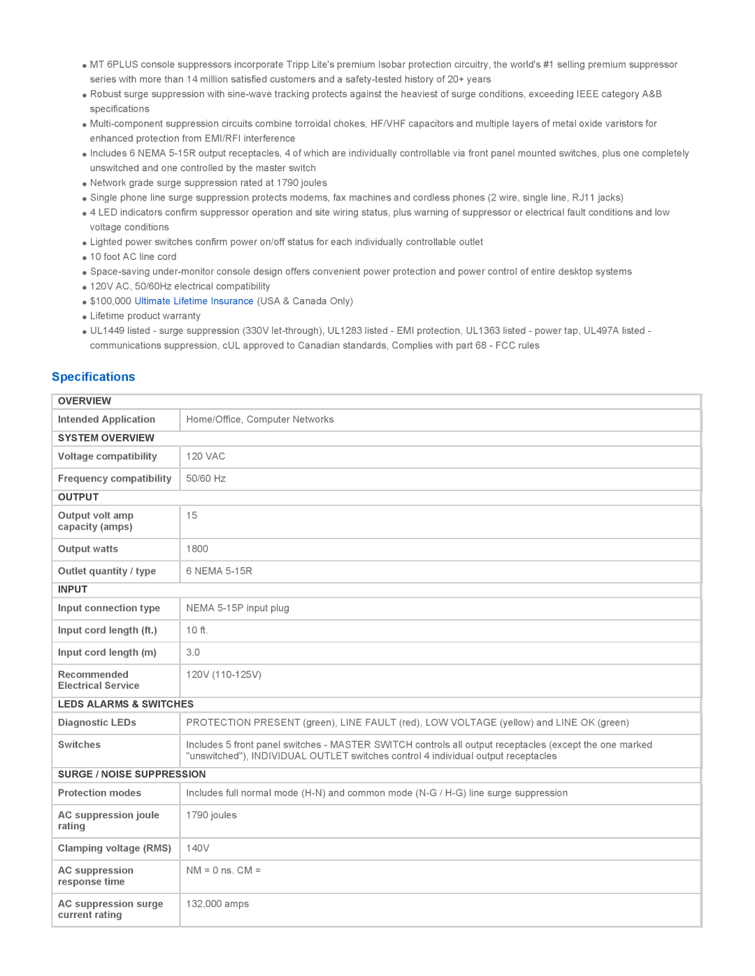 Tripp Lite MT-6PLUS specifications Specifications 