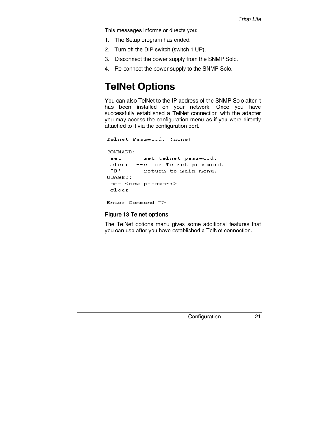 Tripp Lite MT-SE-37/02 owner manual TelNet Options, Telnet options 