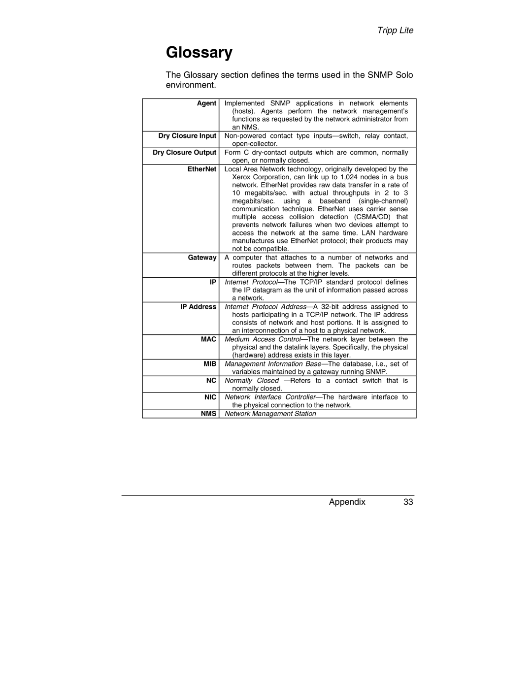 Tripp Lite MT-SE-37/02 owner manual Glossary, Agent 