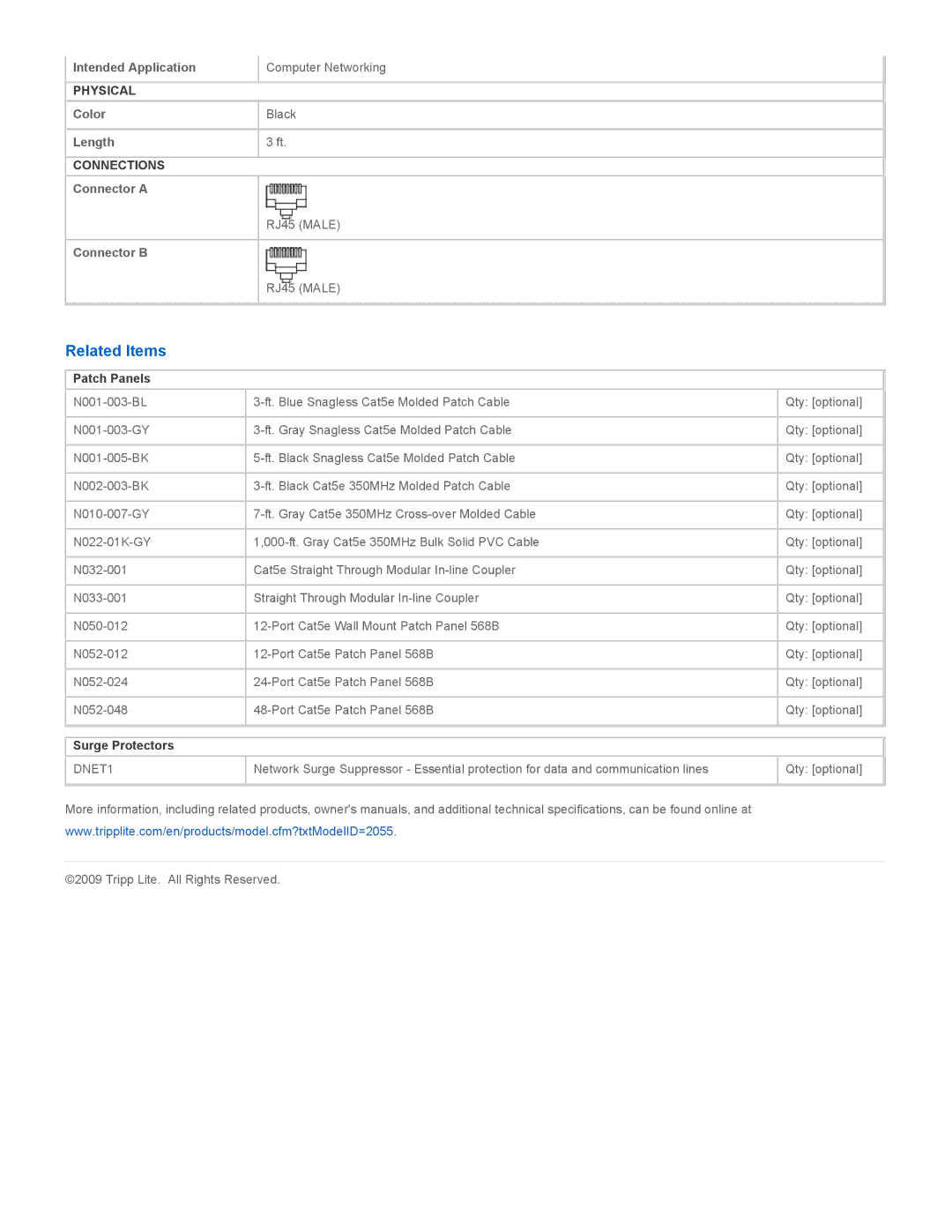 Tripp Lite N001-003-BK-R specifications Related Items, Patch Panels, Surge Protectors 