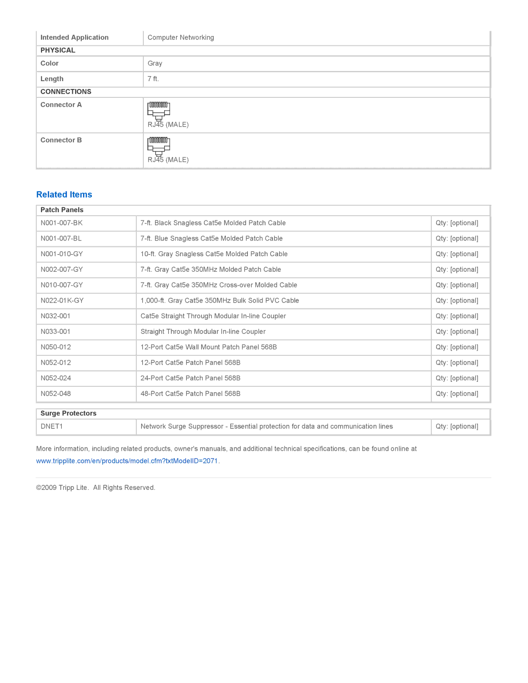 Tripp Lite N001-007-GY-R specifications Related Items, Patch Panels, Surge Protectors 