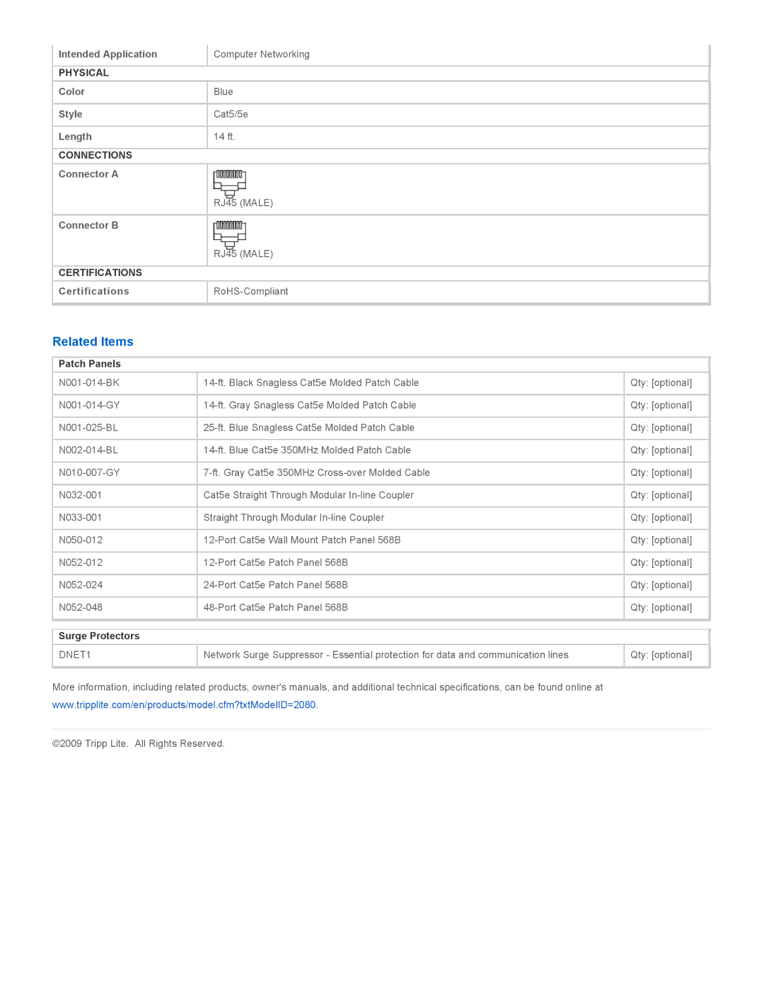 Tripp Lite N001-014-BL specifications Related Items, Patch Panels, Surge Protectors 