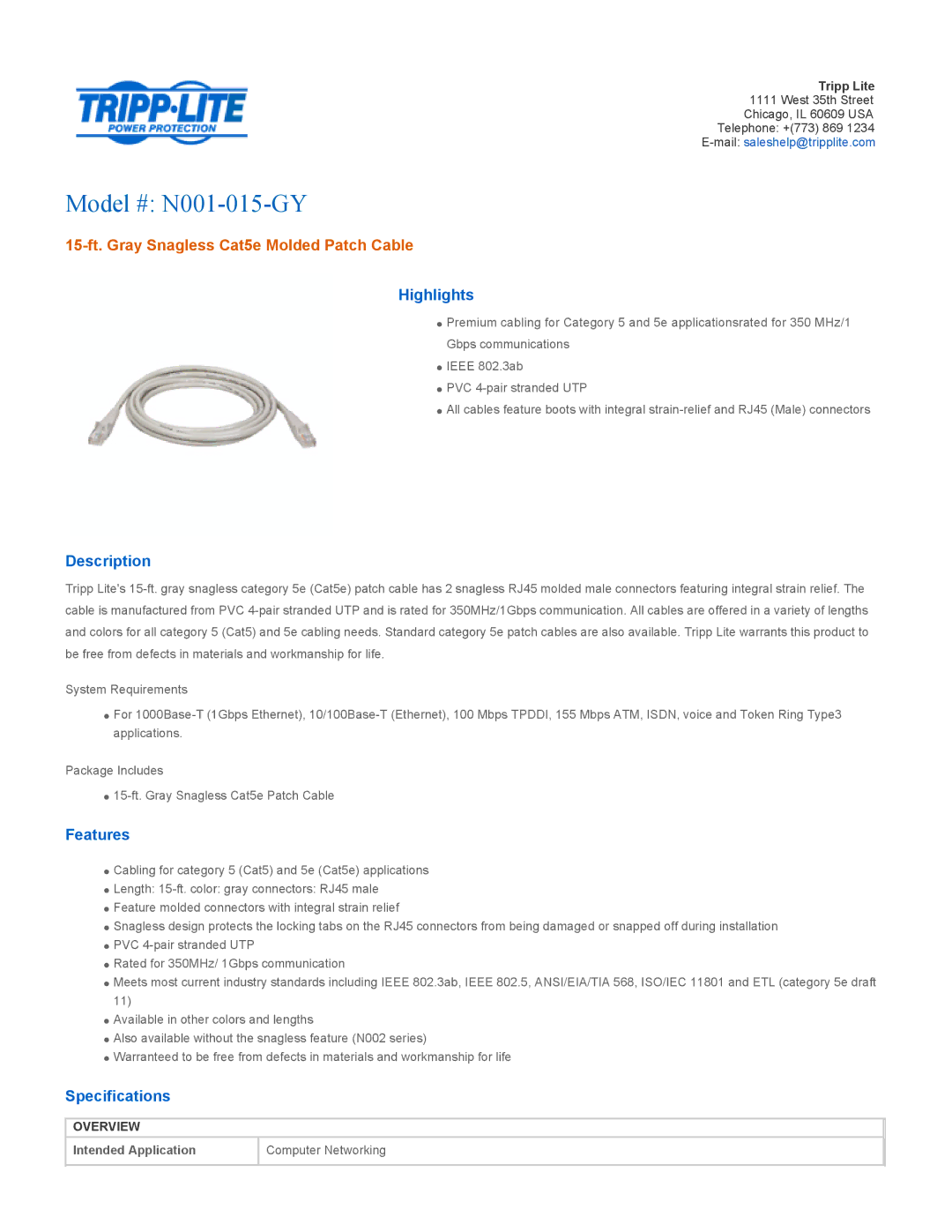 Tripp Lite specifications Model # N001-015-GY, 15-ft. Gray Snagless Cat5e Molded Patch Cable 