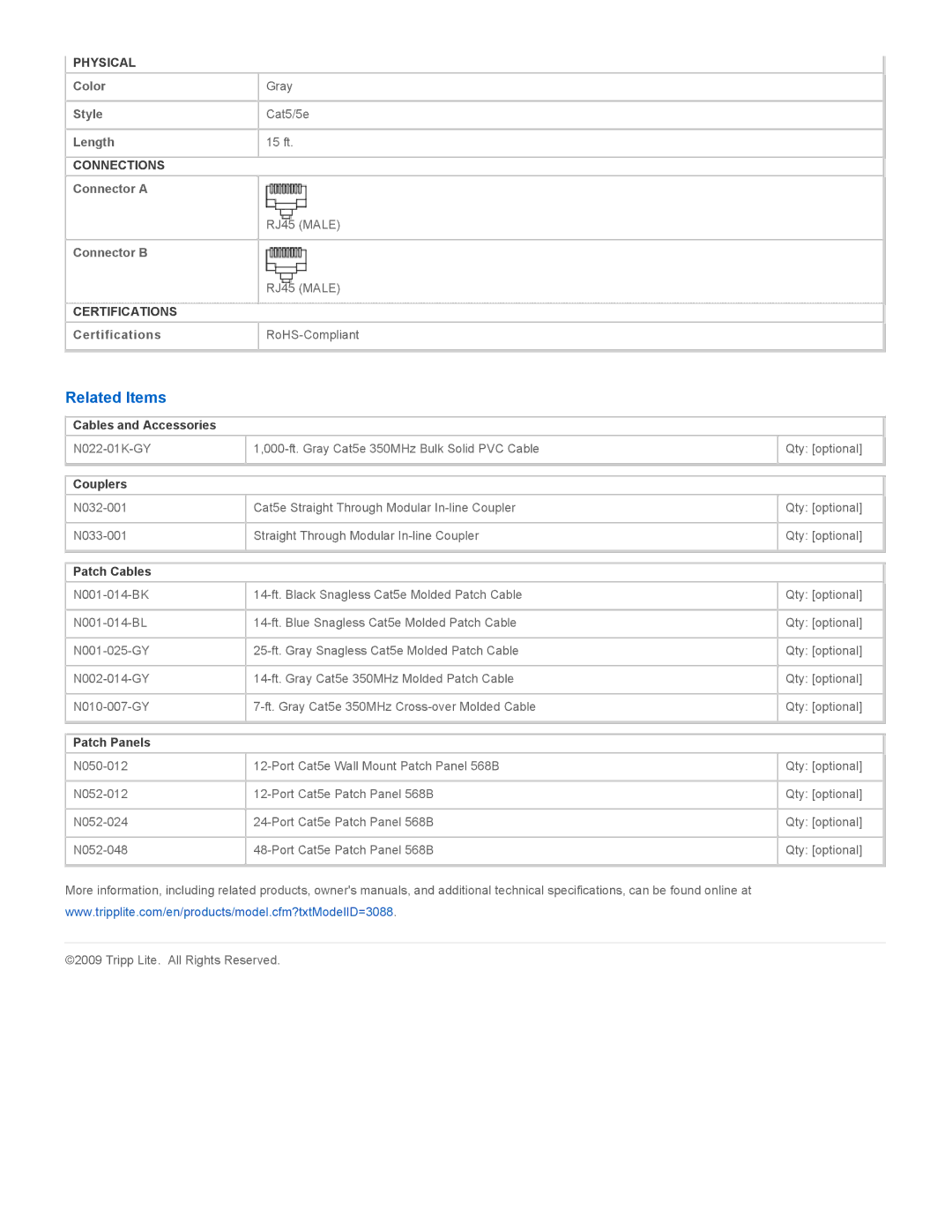 Tripp Lite N001-015-GY specifications Related Items, Cables and Accessories, Couplers, Patch Cables, Patch Panels 