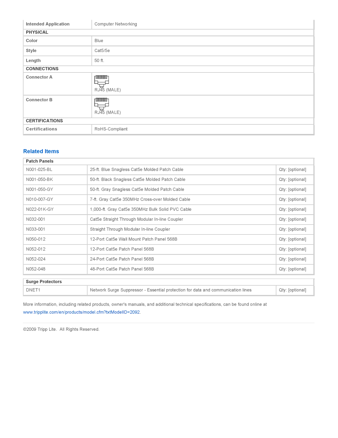 Tripp Lite N001-050-BL specifications Related Items, Patch Panels, Surge Protectors 