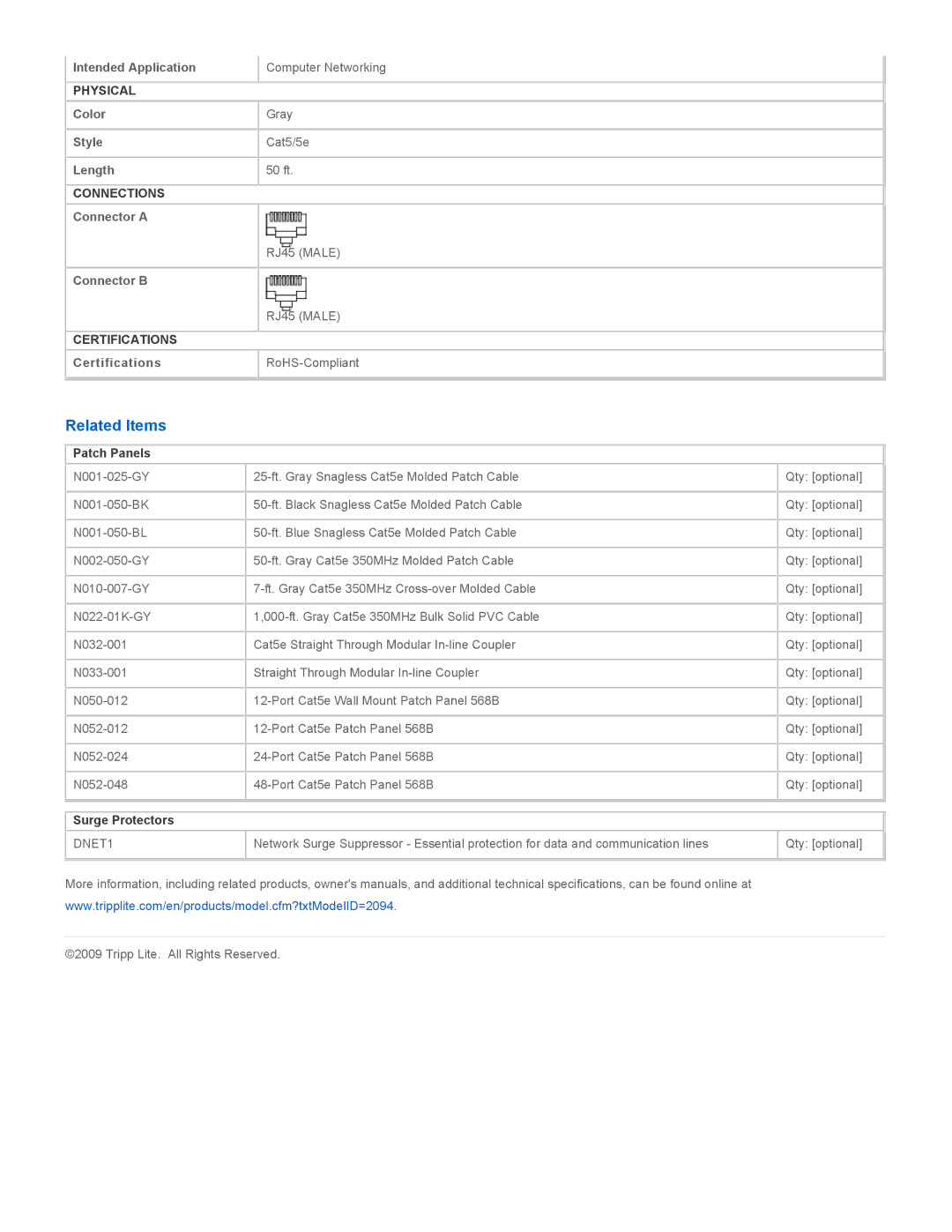 Tripp Lite N001-050-GY specifications Related Items, Patch Panels, Surge Protectors 