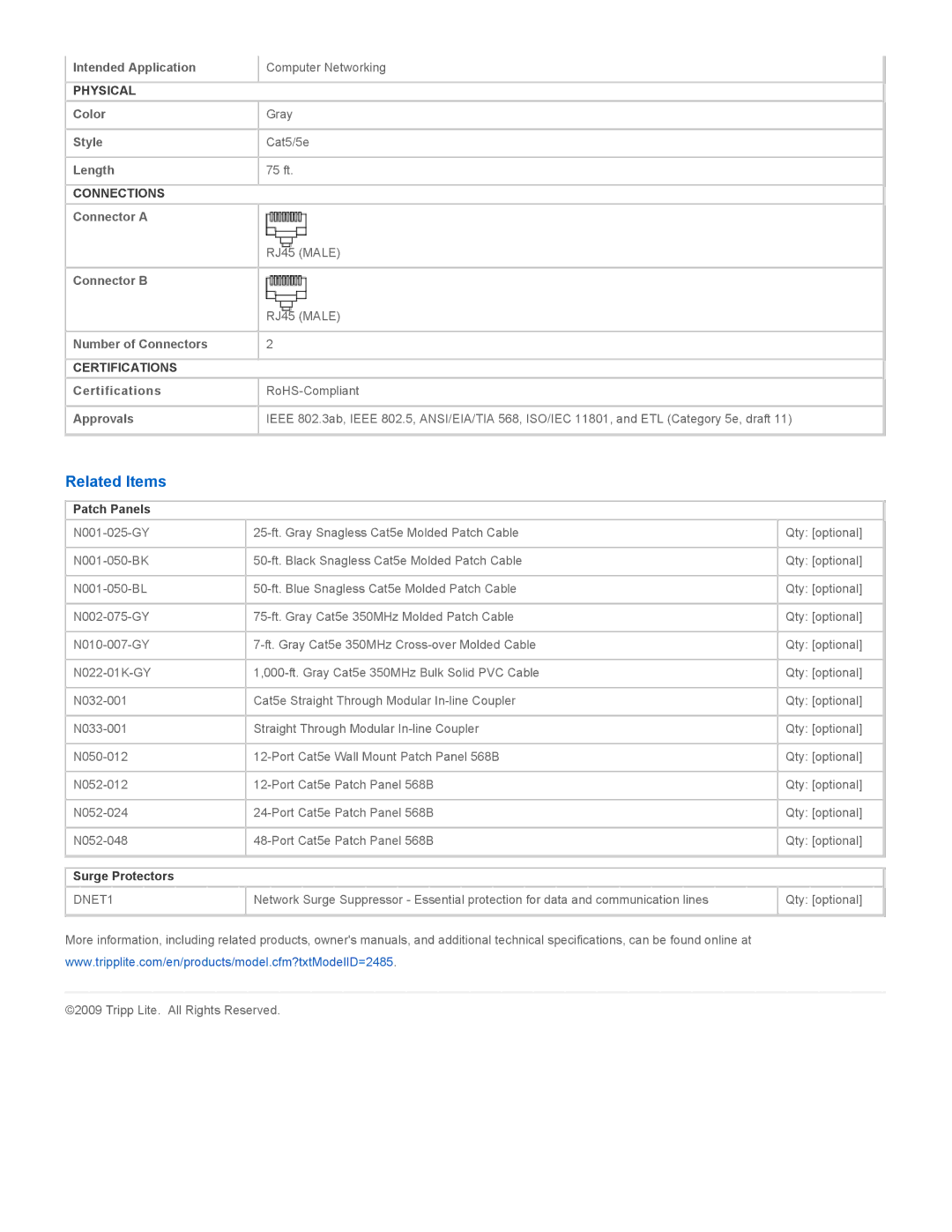 Tripp Lite N001-075-GY specifications Related Items, Patch Panels, Surge Protectors 