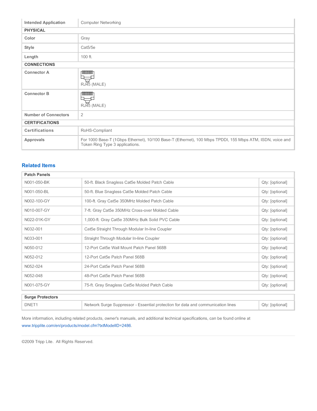 Tripp Lite N001-100-GY specifications Related Items, Patch Panels, Surge Protectors 