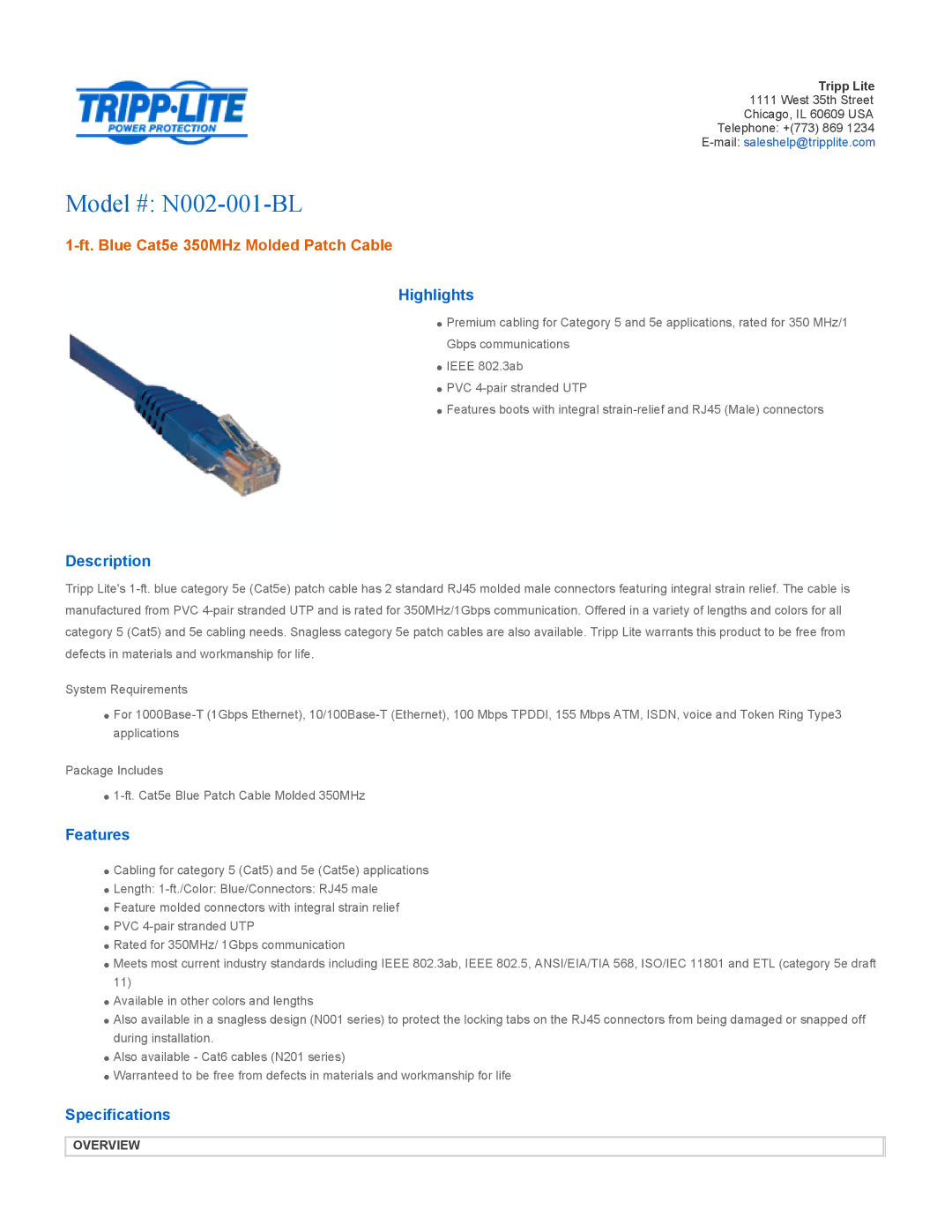 Tripp Lite specifications Model # N002-001-BL, Ft. Blue Cat5e 350MHz Molded Patch Cable 