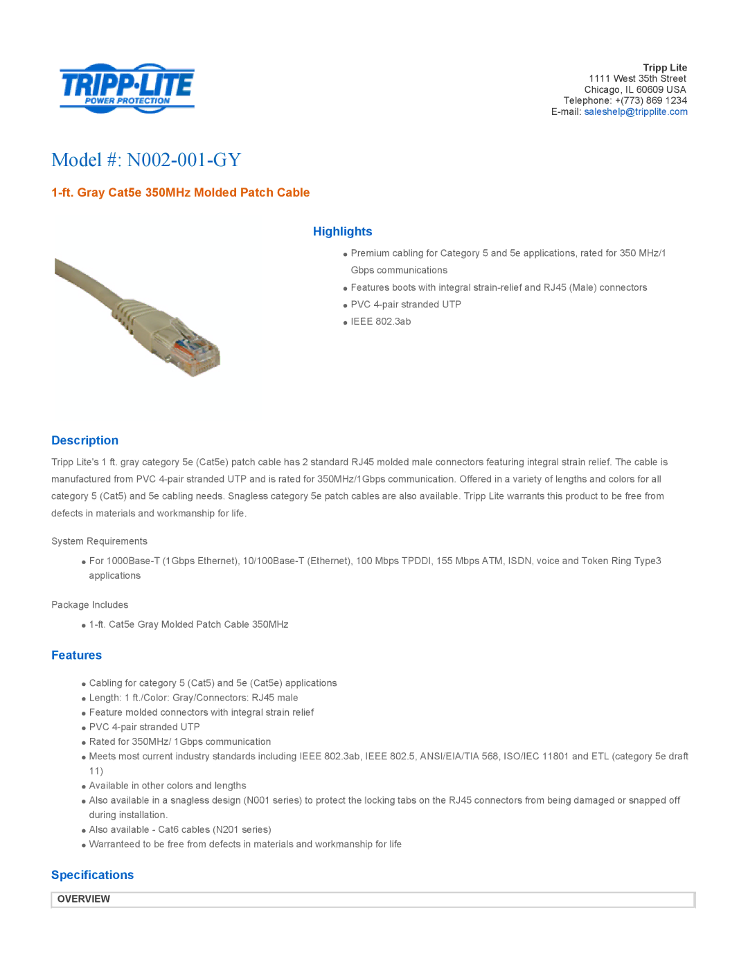 Tripp Lite specifications Model # N002-001-GY, Ft. Gray Cat5e 350MHz Molded Patch Cable 