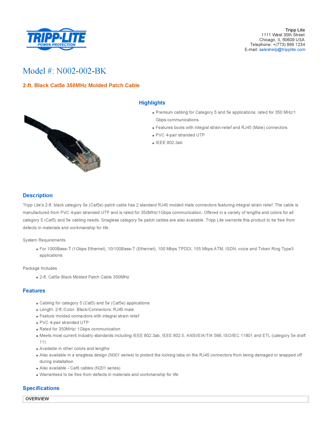 Tripp Lite specifications Model # N002-002-BK, Ft. Black Cat5e 350MHz Molded Patch Cable 