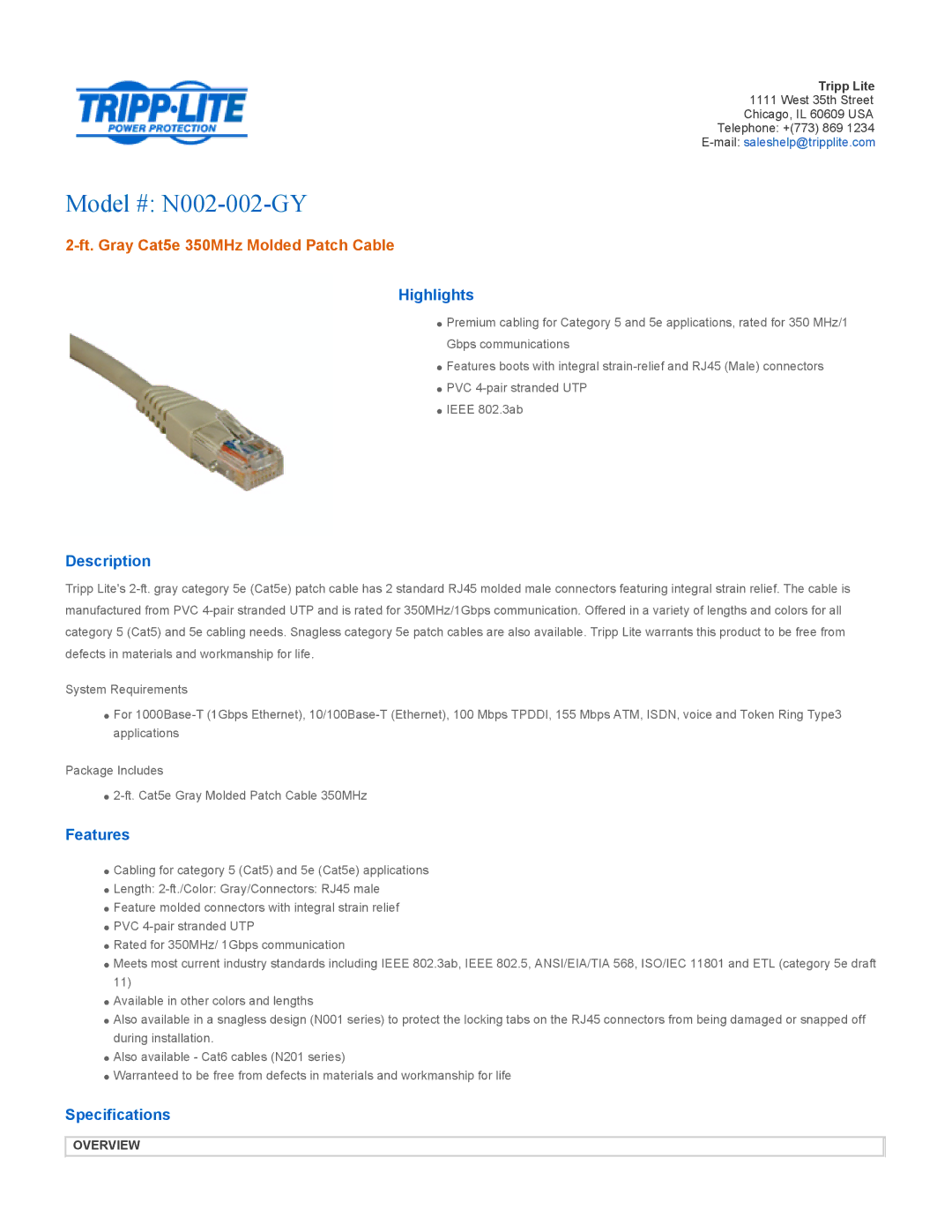 Tripp Lite specifications Model # N002-002-GY, Ft. Gray Cat5e 350MHz Molded Patch Cable 