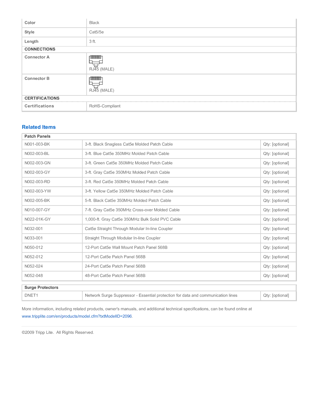 Tripp Lite N002-003-BK specifications Related Items, Patch Panels, Surge Protectors 