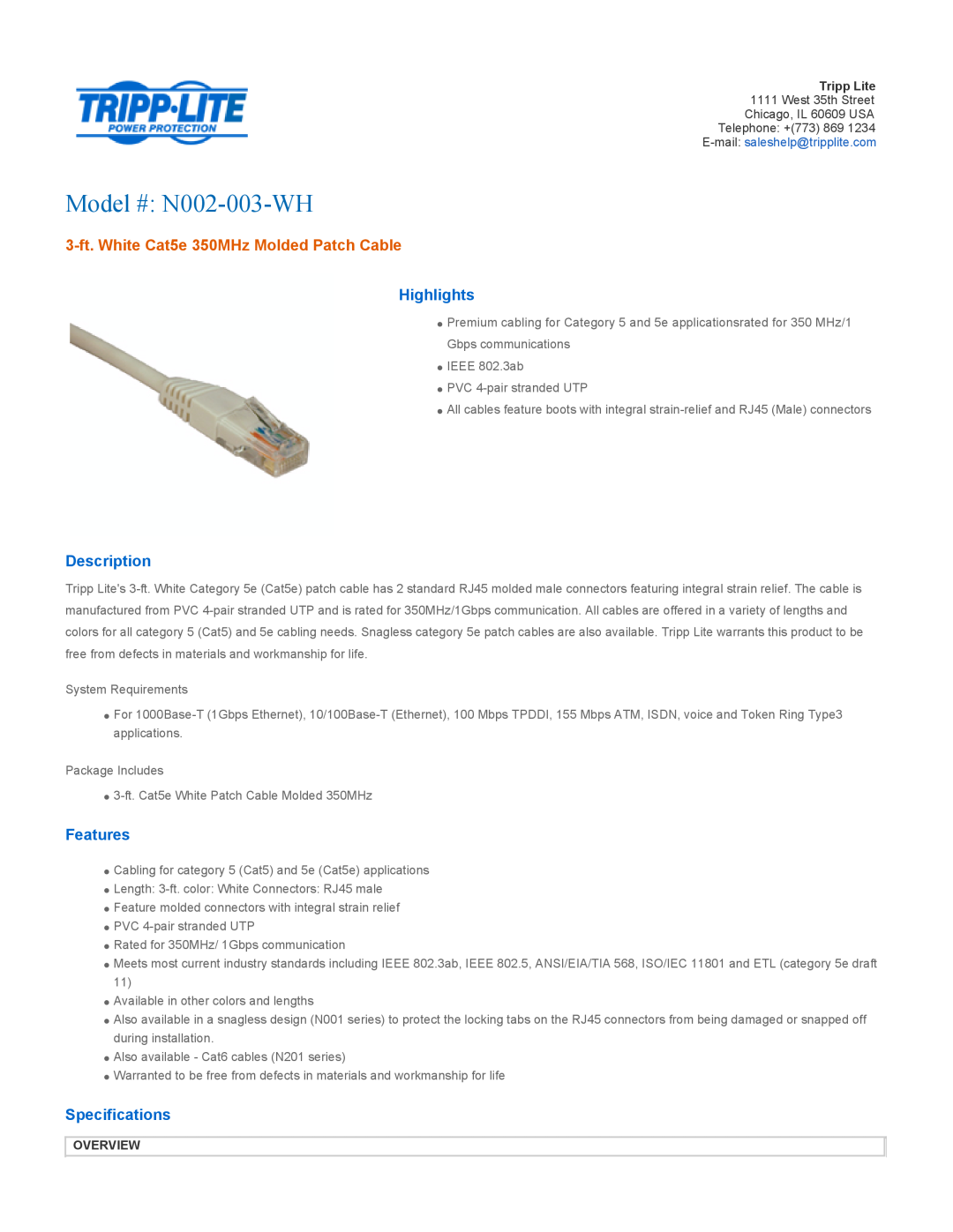 Tripp Lite specifications Overview, Model # N002-003-WH, 3-ft. White Cat5e 350MHz Molded Patch Cable, Highlights 