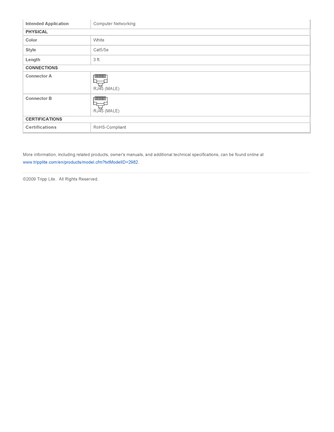 Tripp Lite N002-003-WH specifications RJ45 Male 