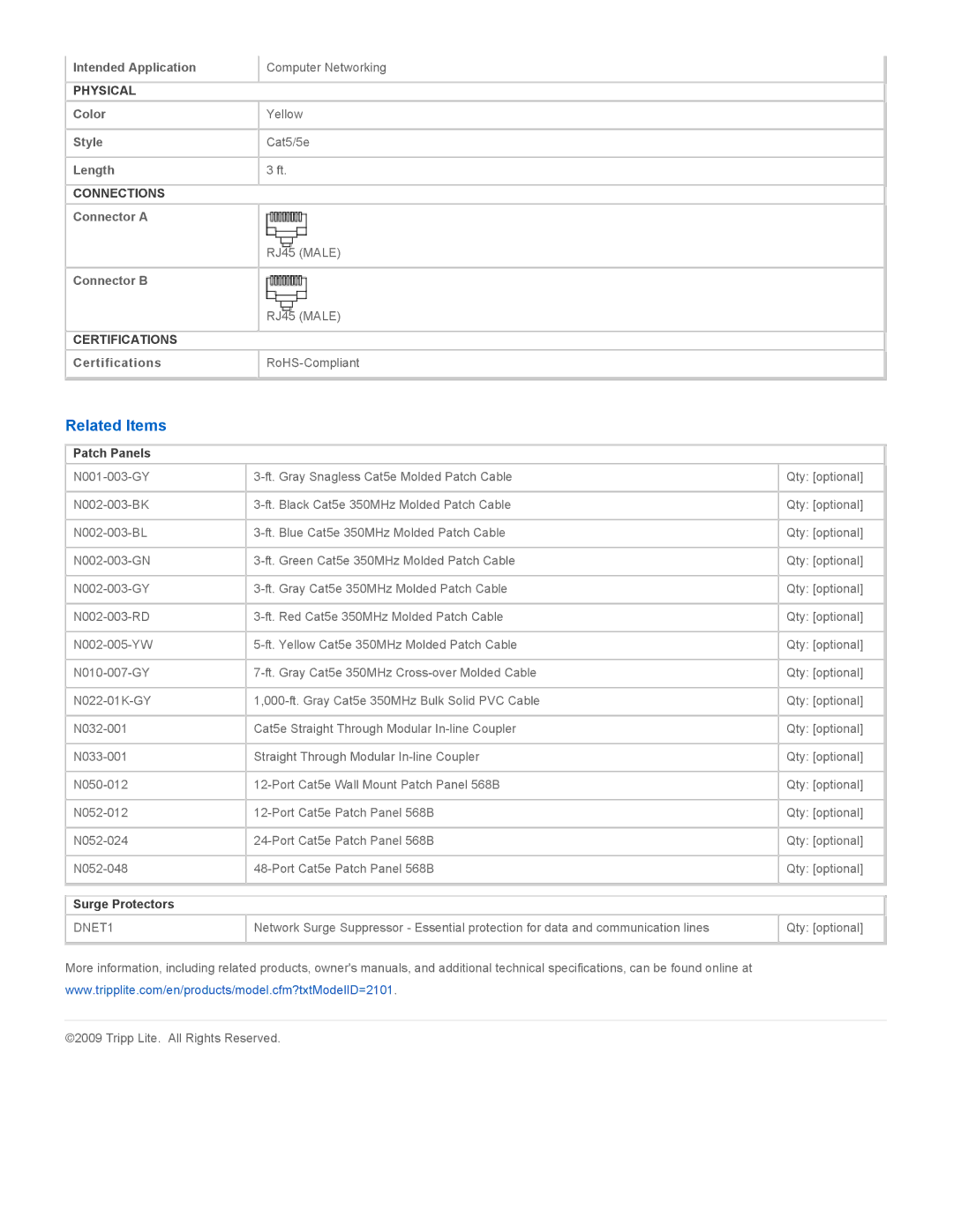 Tripp Lite N002-003-YW specifications Related Items, Patch Panels, Surge Protectors 