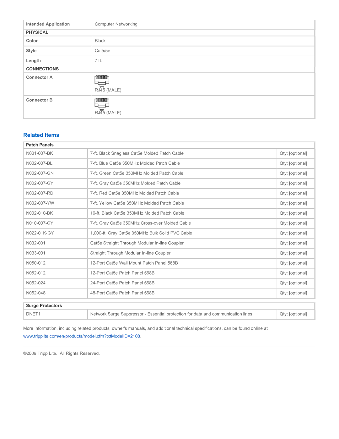 Tripp Lite N002-007-BK specifications Related Items, Patch Panels, Surge Protectors 