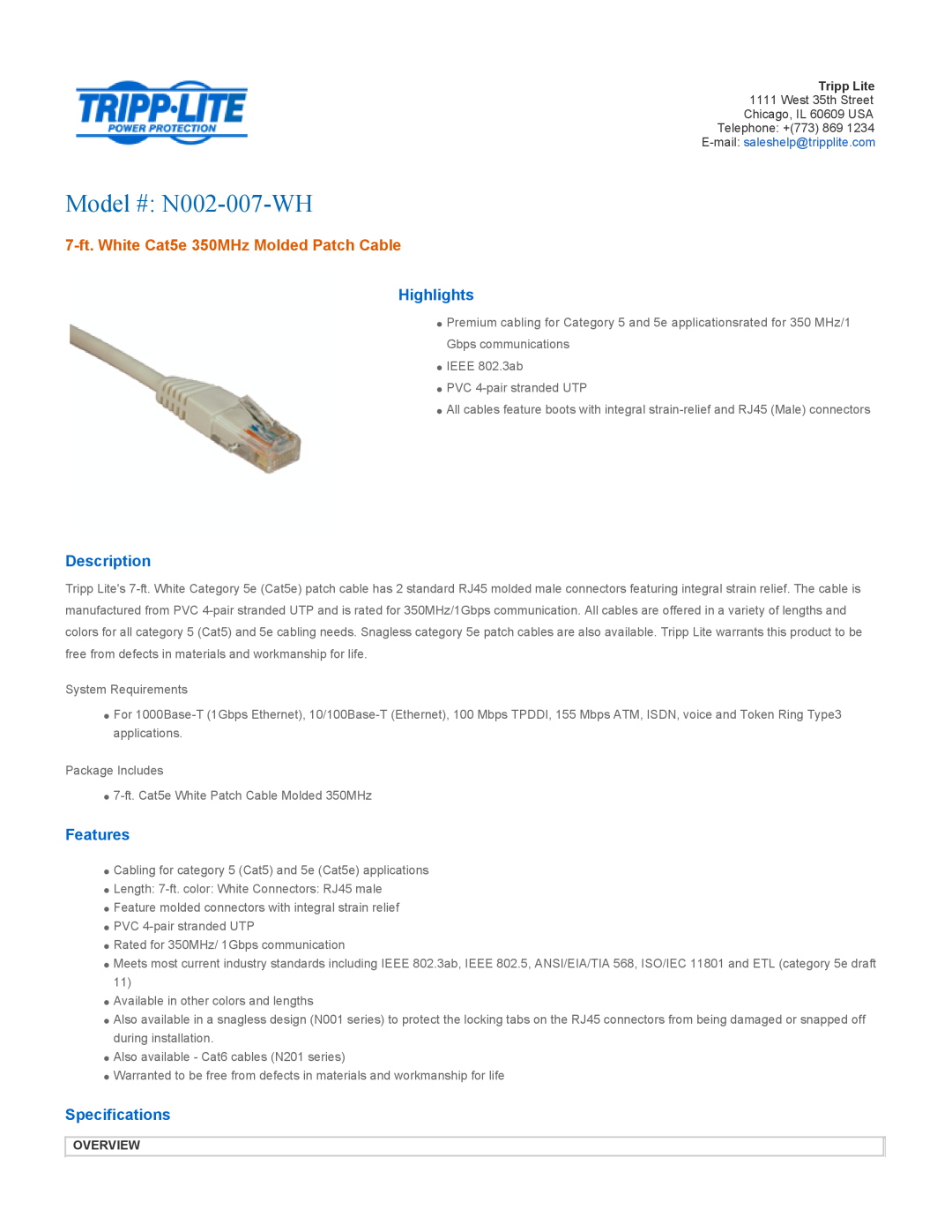Tripp Lite specifications Overview, Model # N002-007-WH, 7-ft. White Cat5e 350MHz Molded Patch Cable, Highlights 