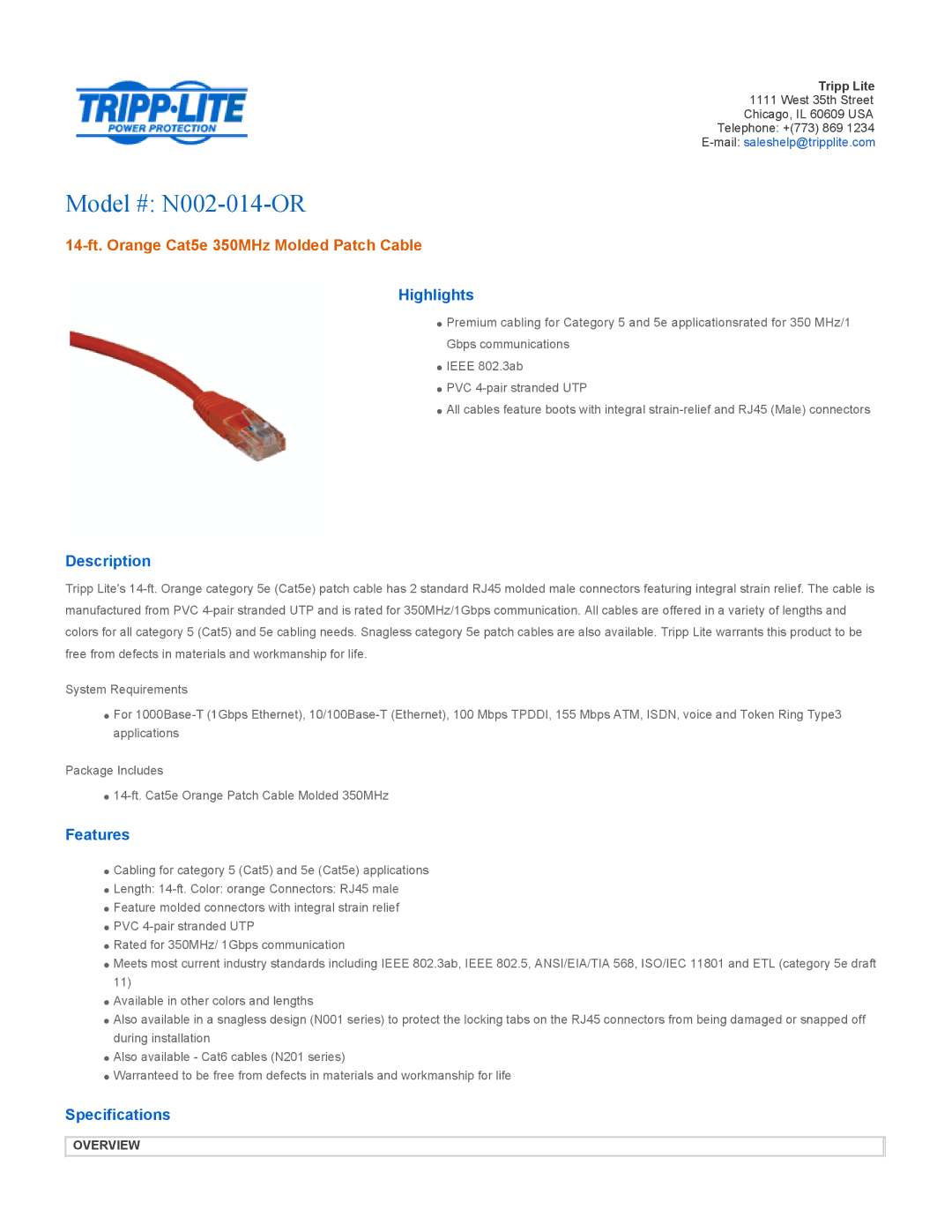 Tripp Lite specifications Model # N002-014-OR, 14-ft. Orange Cat5e 350MHz Molded Patch Cable 